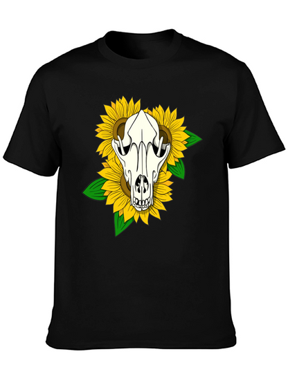 Skull & Sunflower Graphic Tee - Black Cotton T-Shirt