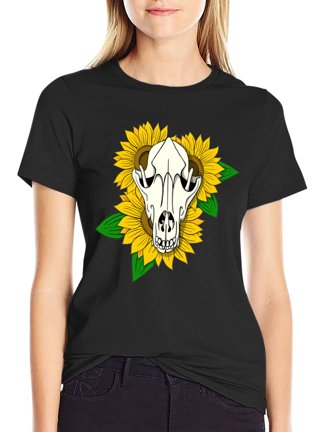 Skull & Sunflower Graphic Tee - Black Cotton T-Shirt