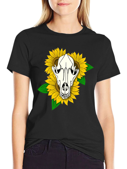 Skull & Sunflower Graphic Tee - Black Cotton T-Shirt