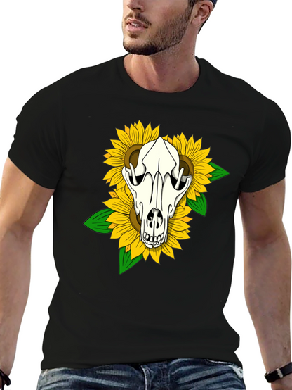 Skull & Sunflower Graphic Tee - Black Cotton T-Shirt