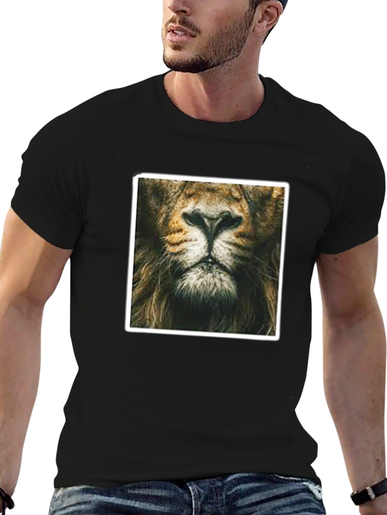 Lion Face Graphic Print Black T-Shirt