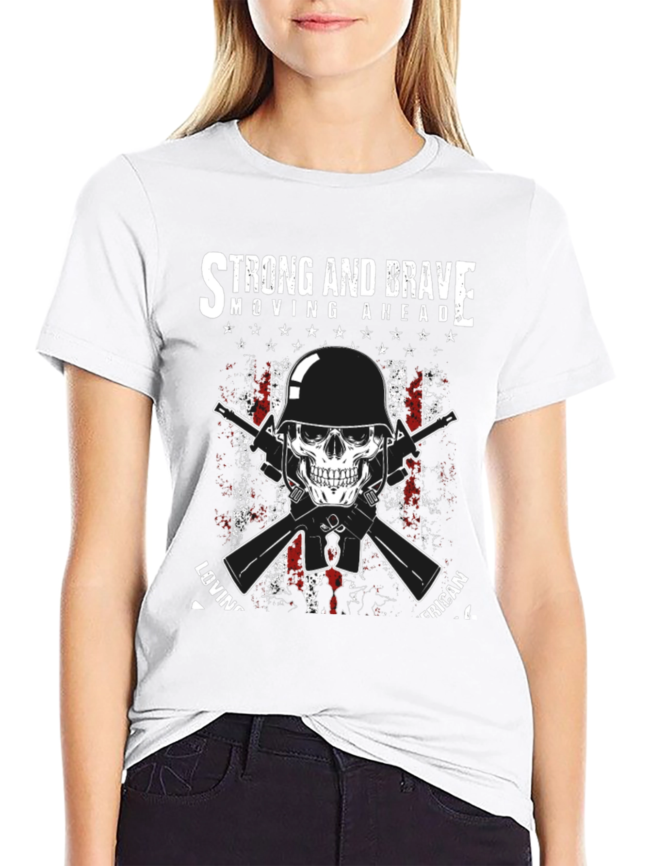 Strong & Brave Patriotic Skull Graphic T-Shirt