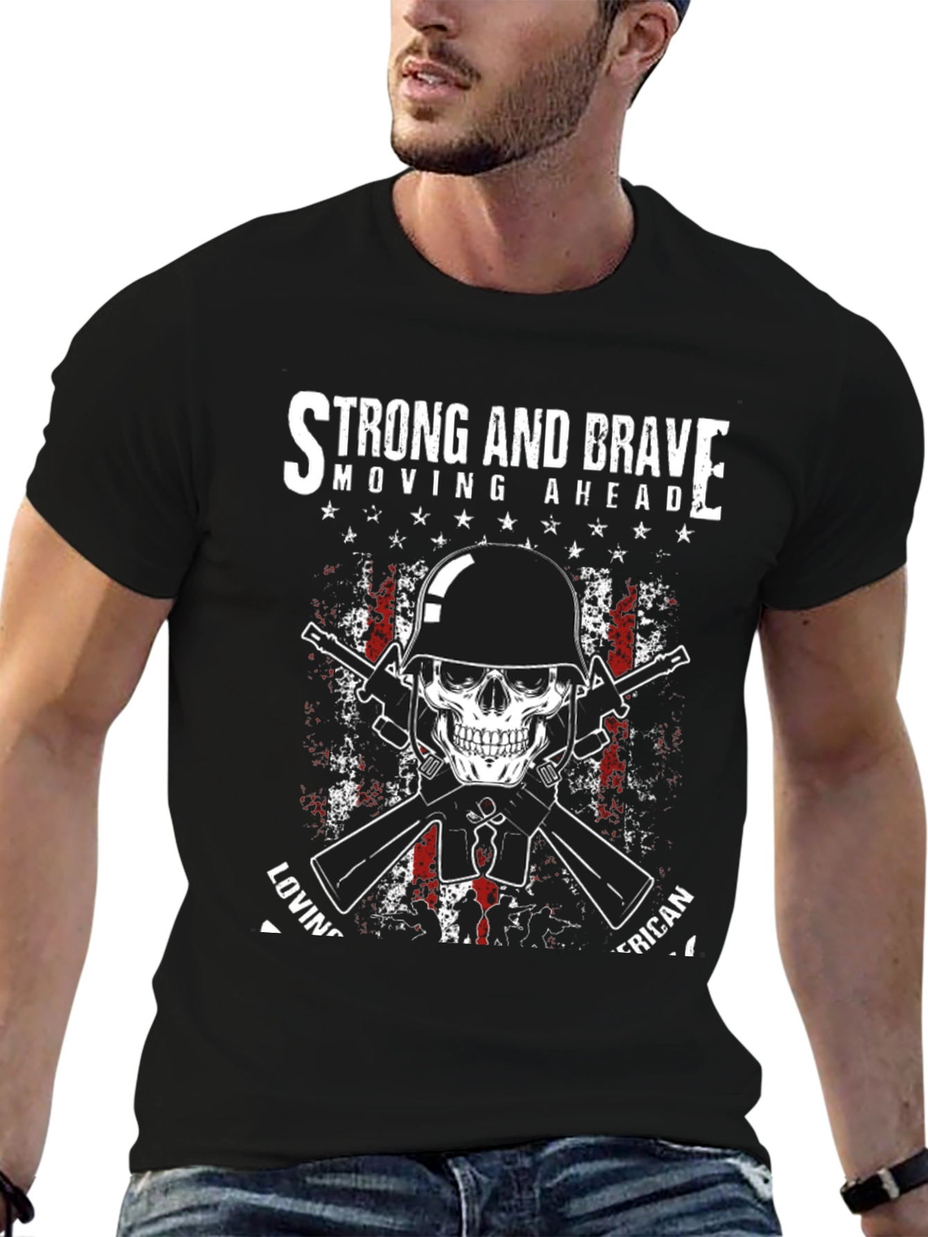 Strong & Brave Patriotic Skull Graphic T-Shirt