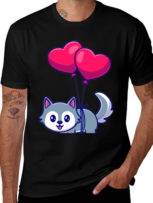 Cute Wolf with Heart Balloons Graphic Tee