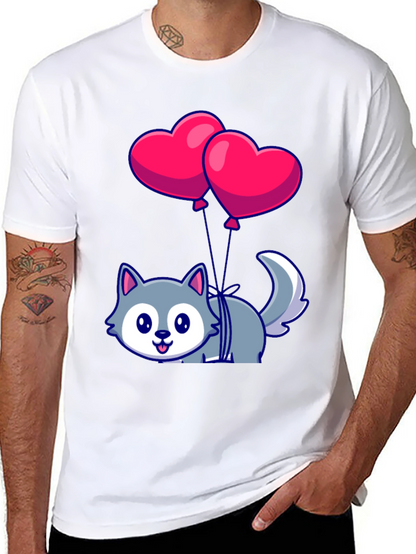 Cute Wolf with Heart Balloons Graphic Tee