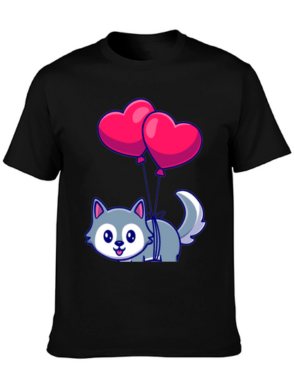 Cute Wolf with Heart Balloons Graphic Tee
