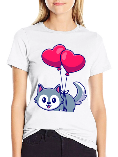 Cute Wolf with Heart Balloons Graphic Tee