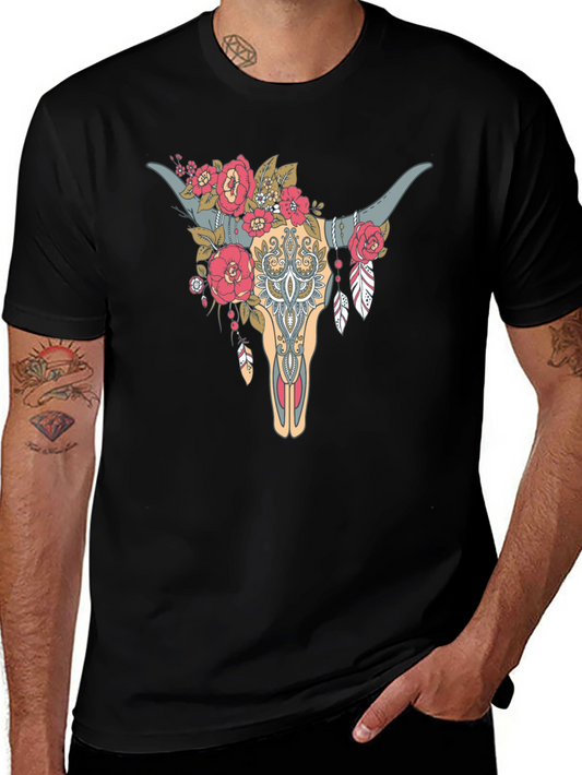 Floral Bull Skull Graphic Tee - Western Style