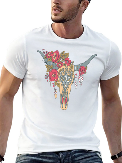 Floral Bull Skull Graphic Tee - Western Style