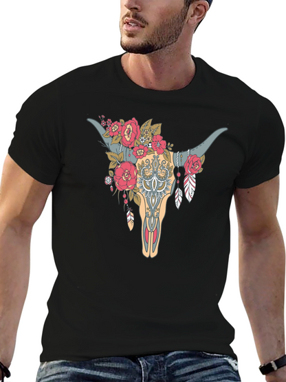 Floral Bull Skull Graphic Tee - Western Style