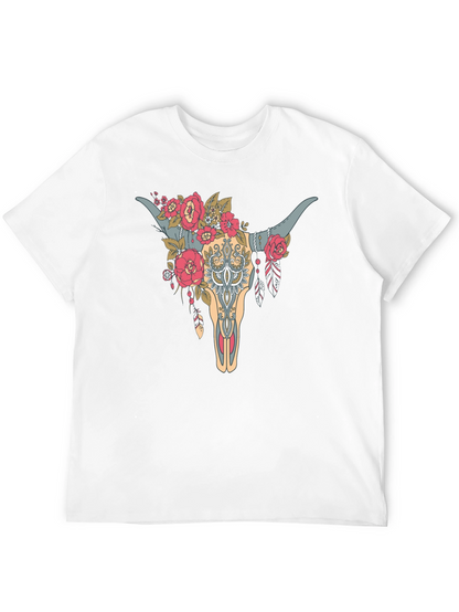 Floral Bull Skull Graphic Tee - Western Style
