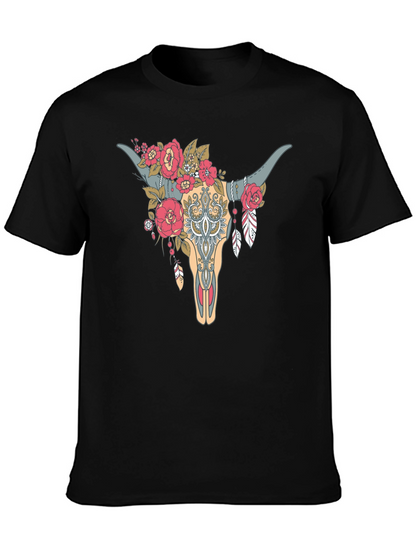 Floral Bull Skull Graphic Tee - Western Style