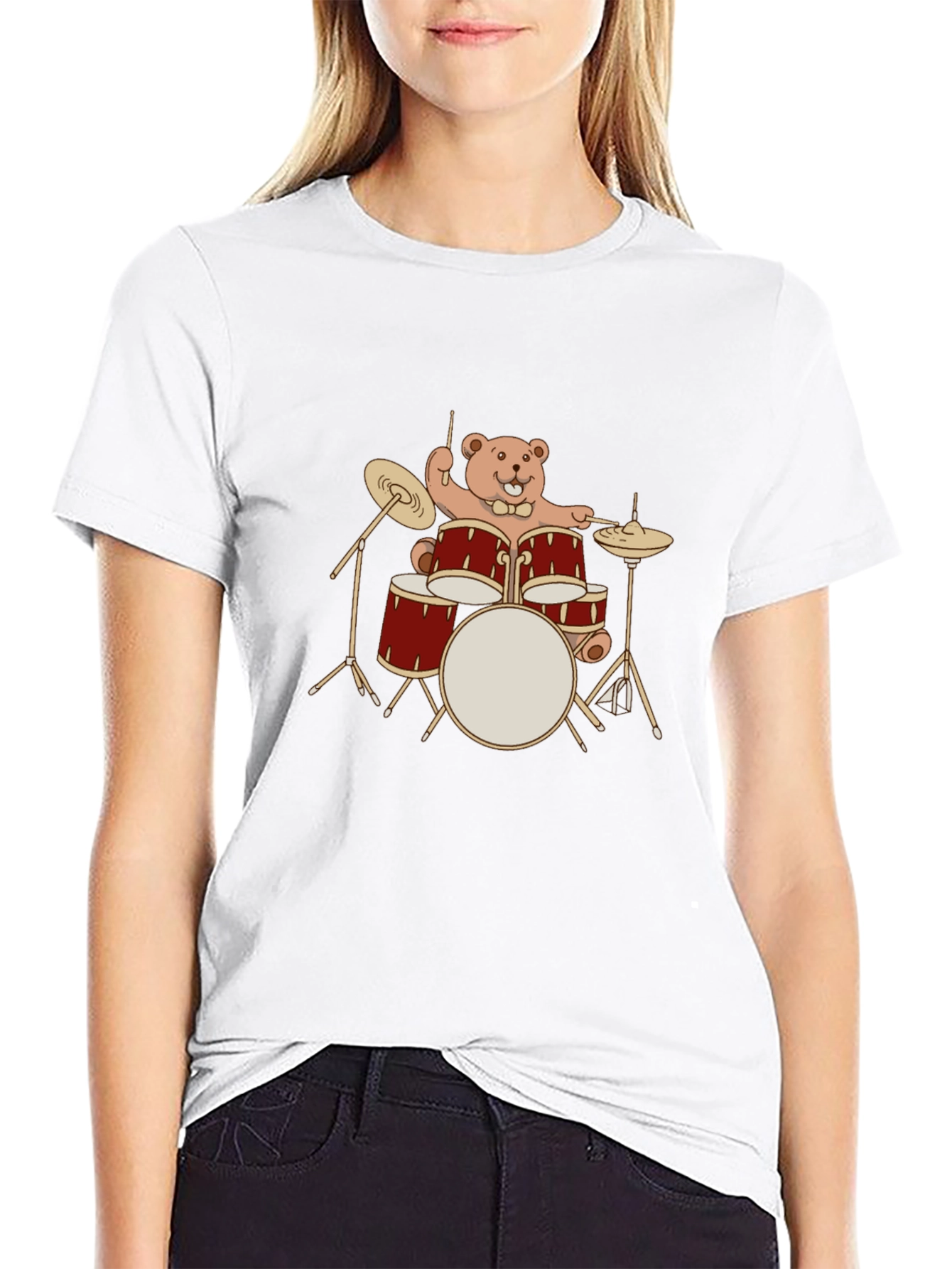 Drummer Bear T-Shirt - Black Crew Neck Tee