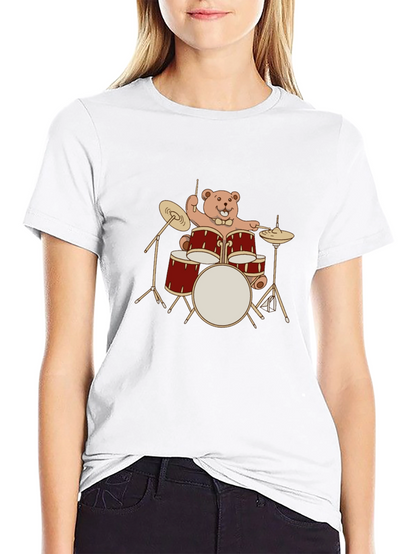 Drummer Bear T-Shirt - Black Crew Neck Tee