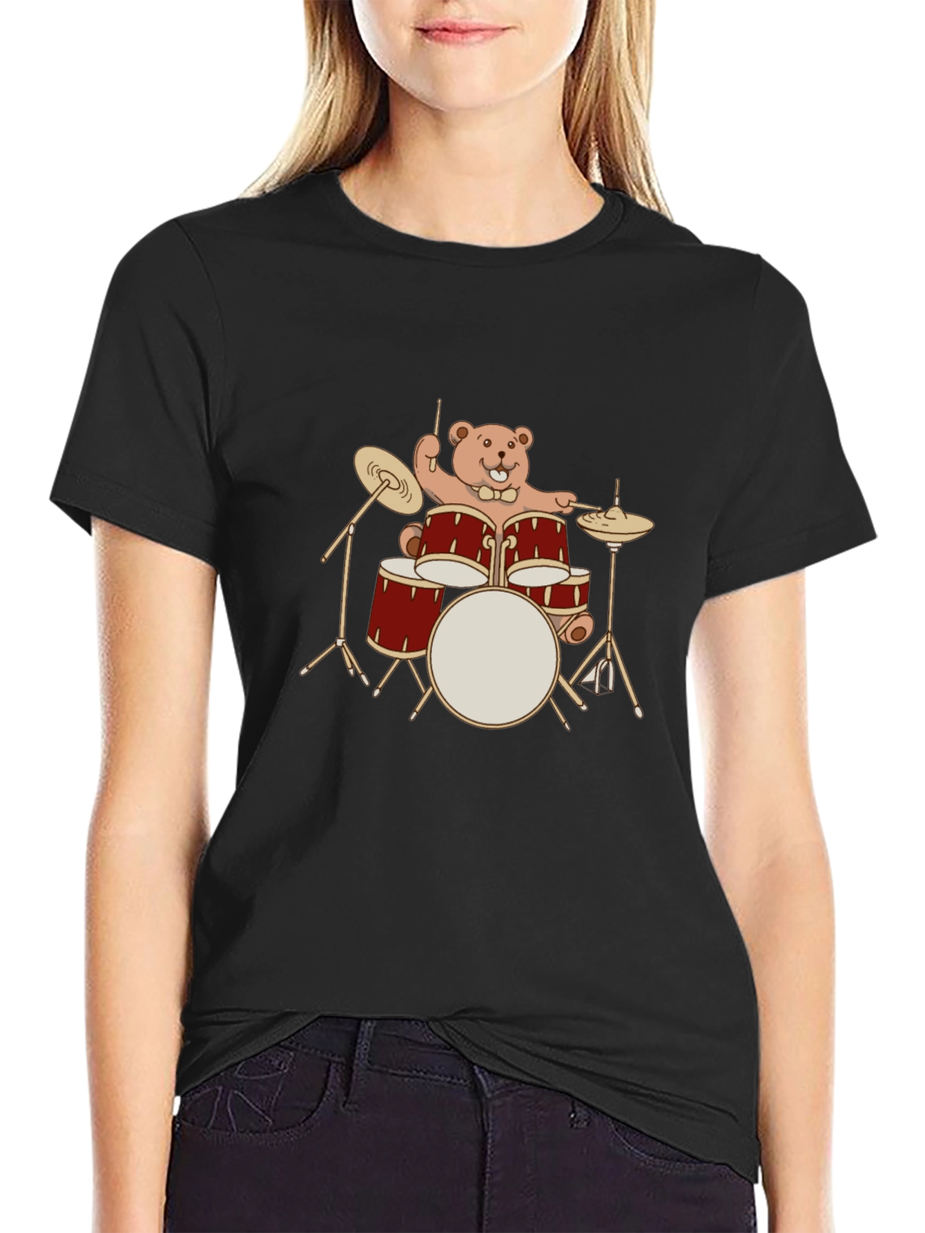 Drummer Bear T-Shirt - Black Crew Neck Tee