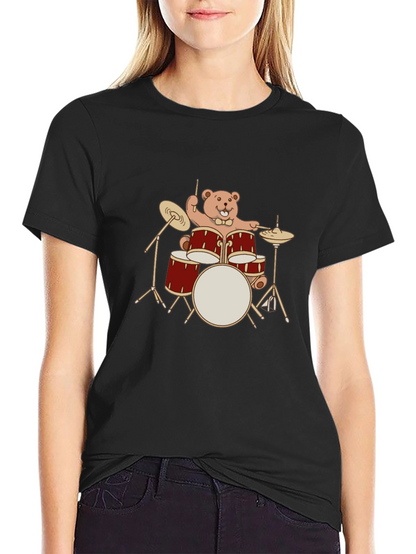 Drummer Bear T-Shirt - Black Crew Neck Tee