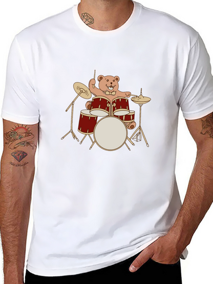 Drummer Bear T-Shirt - Black Crew Neck Tee