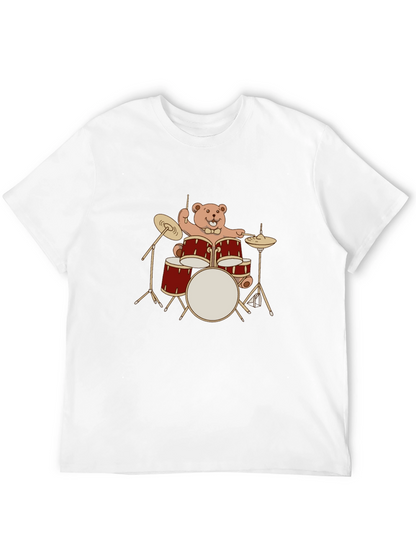 Drummer Bear T-Shirt - Black Crew Neck Tee
