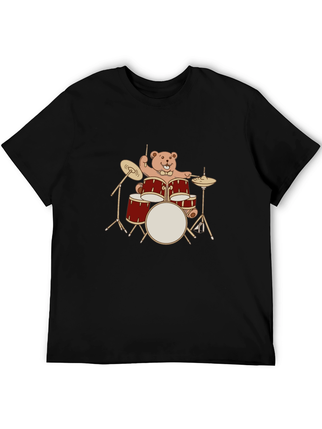 Drummer Bear T-Shirt - Black Crew Neck Tee