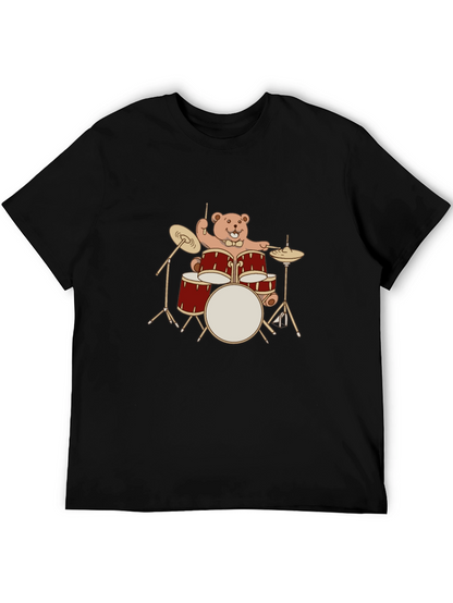 Drummer Bear T-Shirt - Black Crew Neck Tee