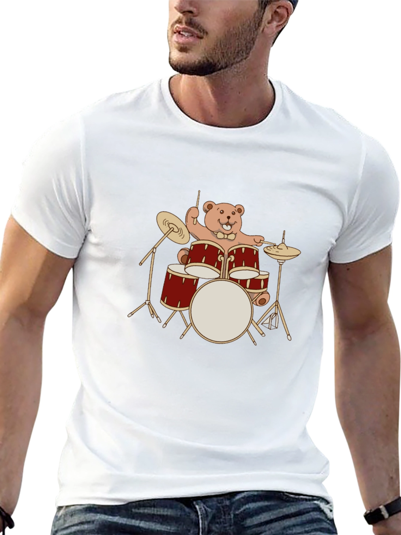 Drummer Bear T-Shirt - Black Crew Neck Tee