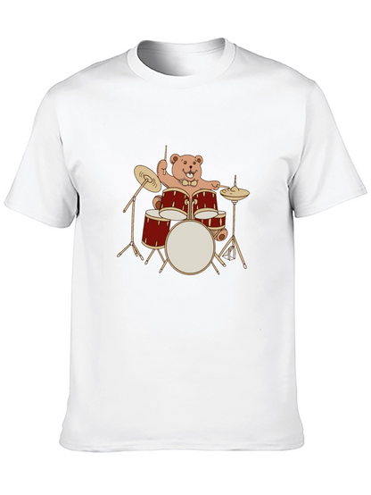Drummer Bear T-Shirt - Black Crew Neck Tee