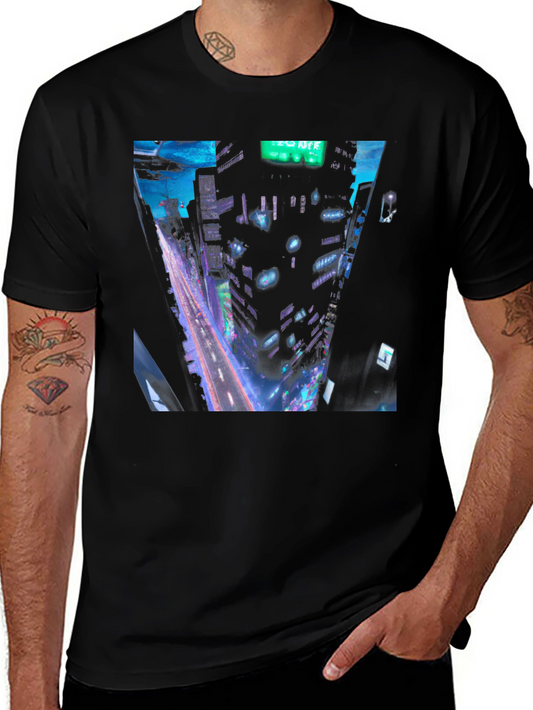 Cyberpunk Cityscape Graphic Tee - Black Cotton