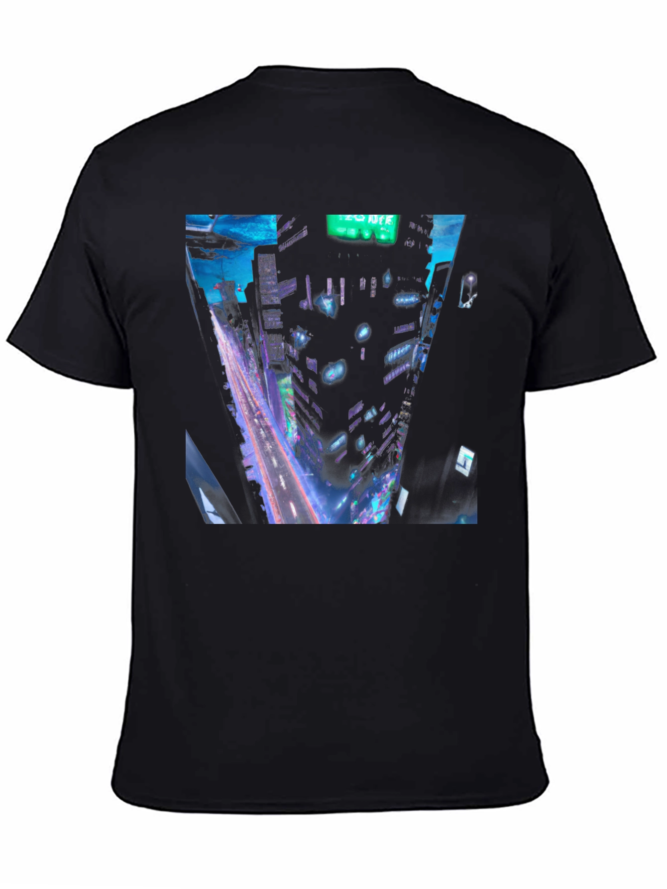 Cyberpunk Cityscape Graphic Tee - Black Cotton