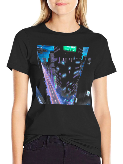 Cyberpunk Cityscape Graphic Tee - Black Cotton