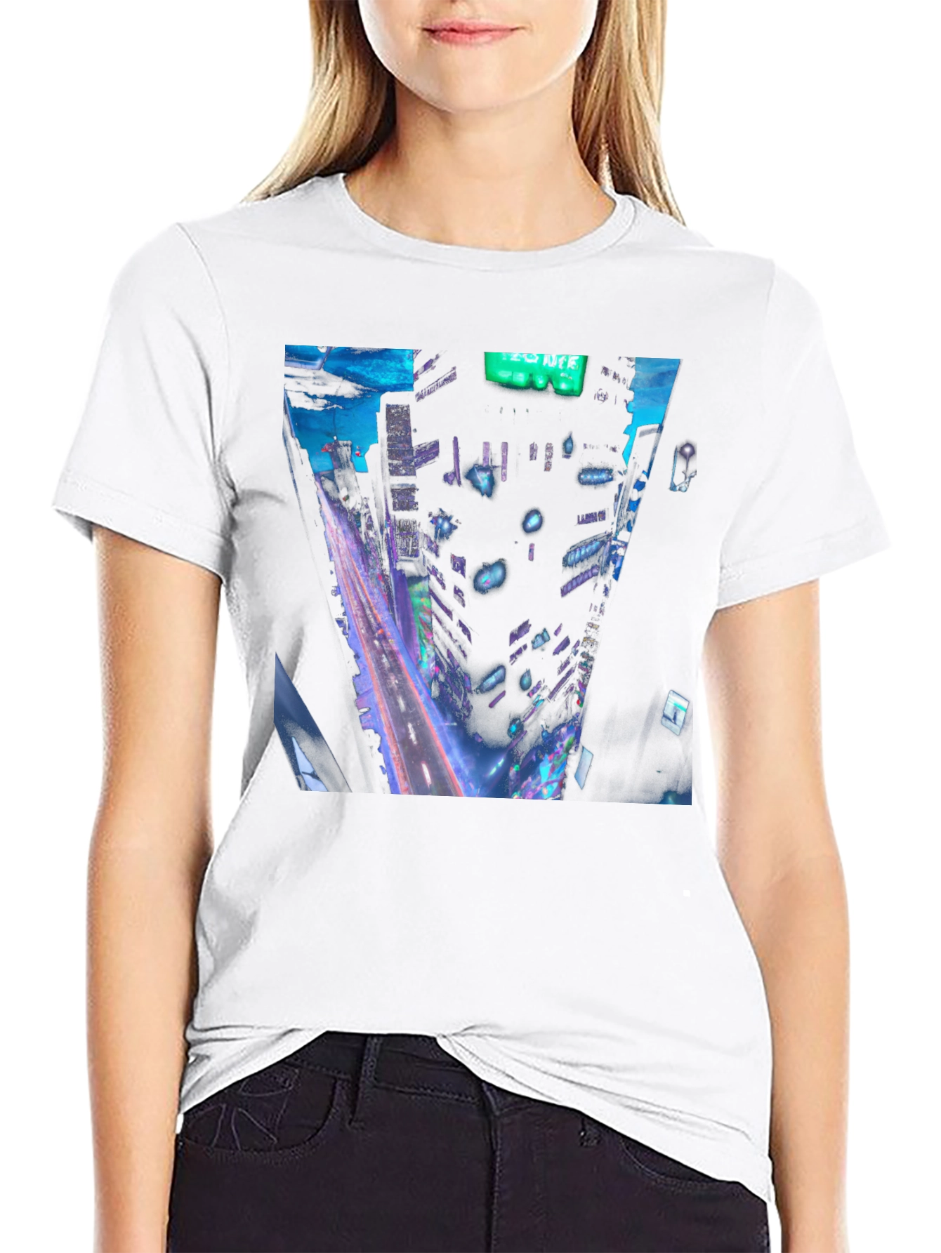 Cyberpunk Cityscape Graphic Tee - Black Cotton