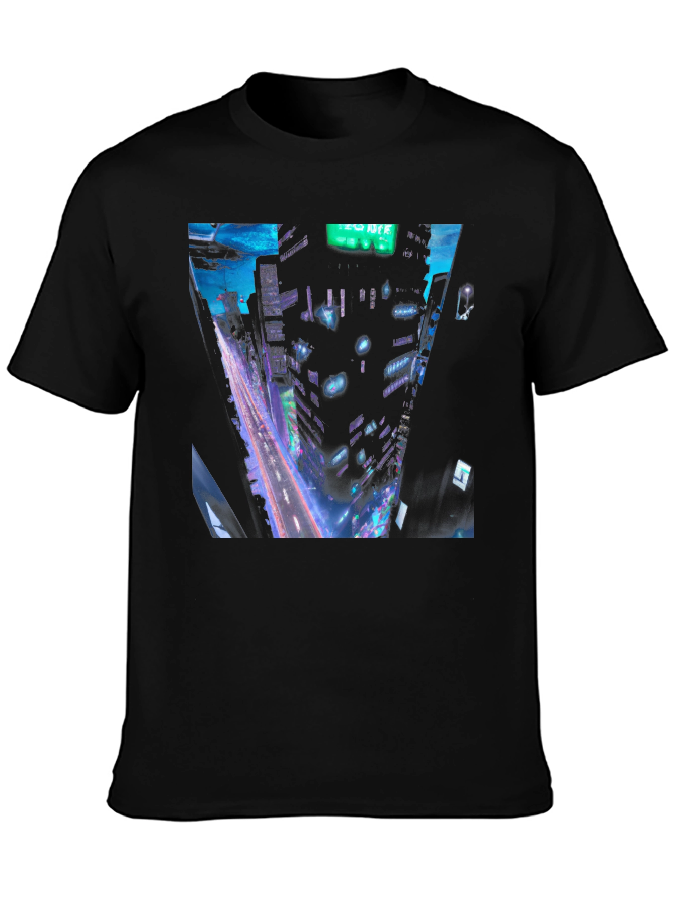 Cyberpunk Cityscape Graphic Tee - Black Cotton