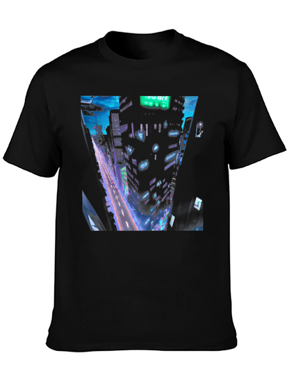 Cyberpunk Cityscape Graphic Tee - Black Cotton