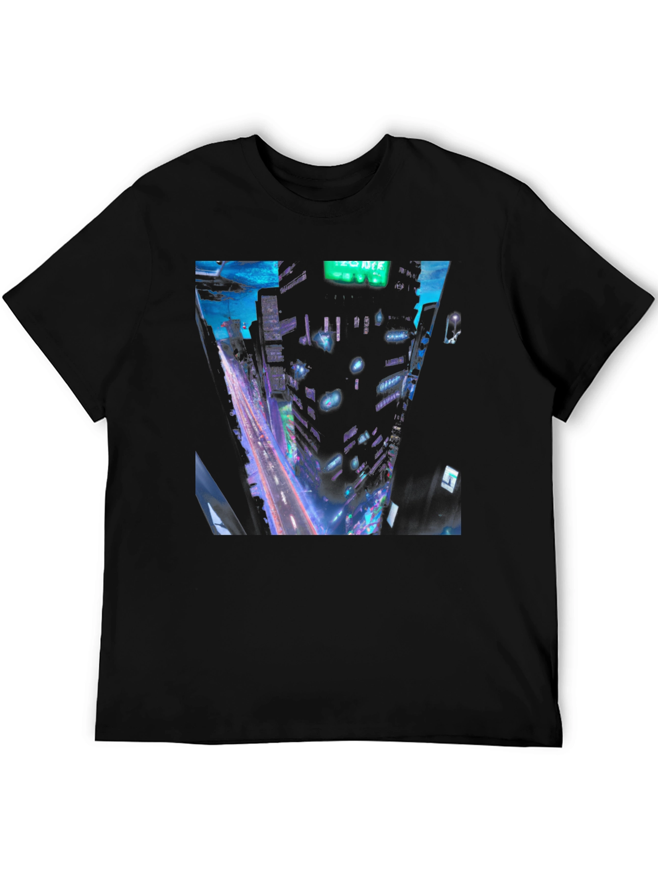 Cyberpunk Cityscape Graphic Tee - Black Cotton