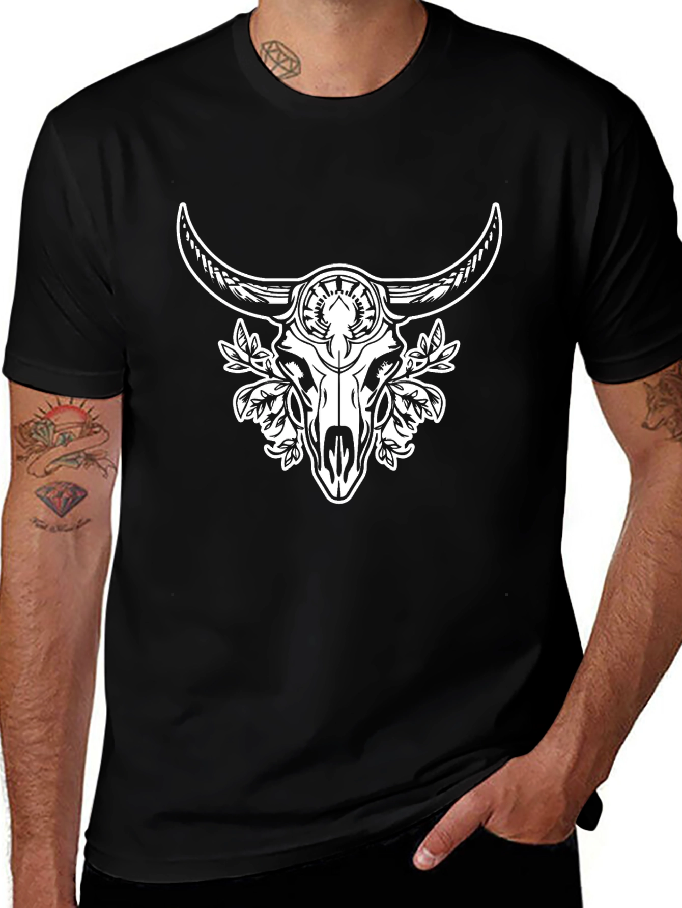 Black Tee with Bull Skull and Floral Design