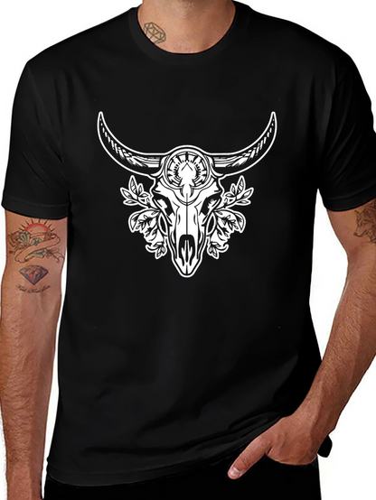 Black Tee with Bull Skull and Floral Design