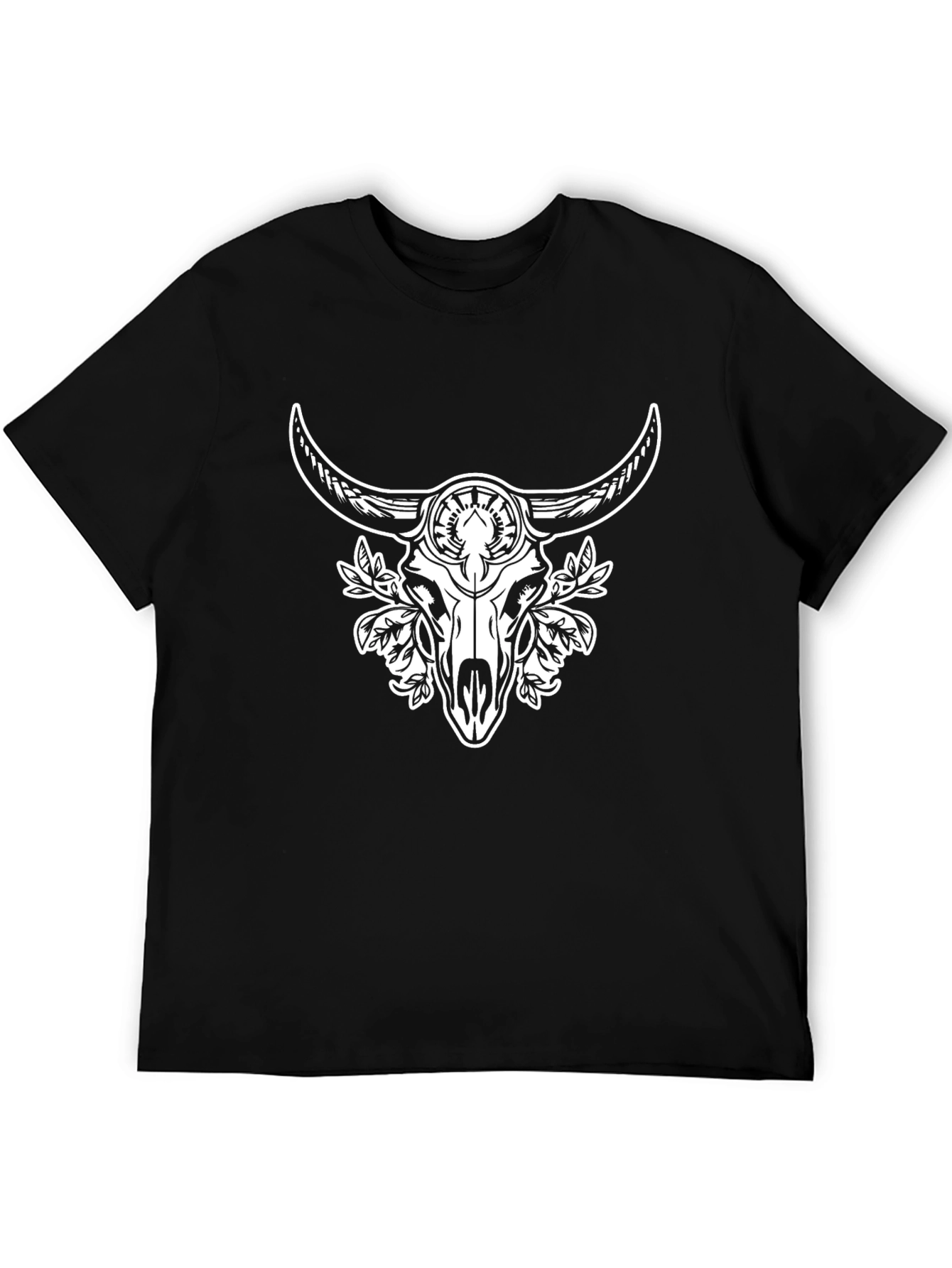 Black Tee with Bull Skull and Floral Design