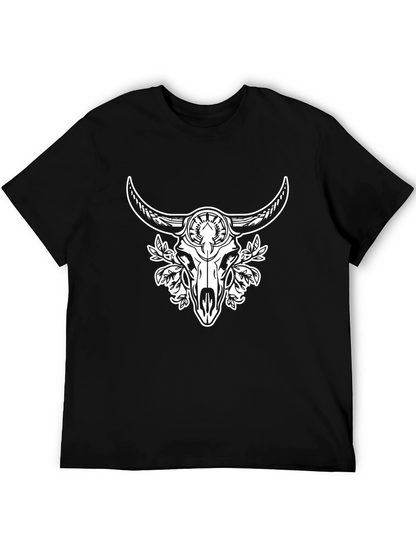 Black Tee with Bull Skull and Floral Design