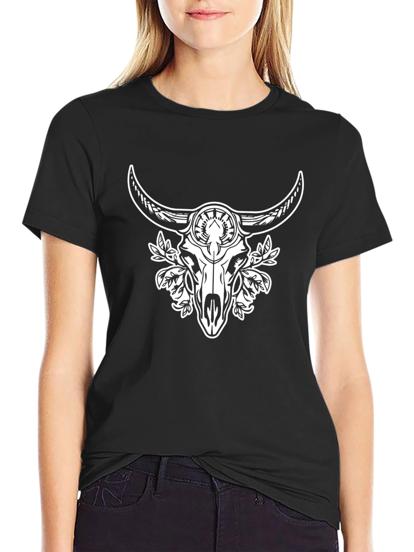 Black Tee with Bull Skull and Floral Design