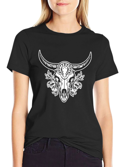 Black Tee with Bull Skull and Floral Design