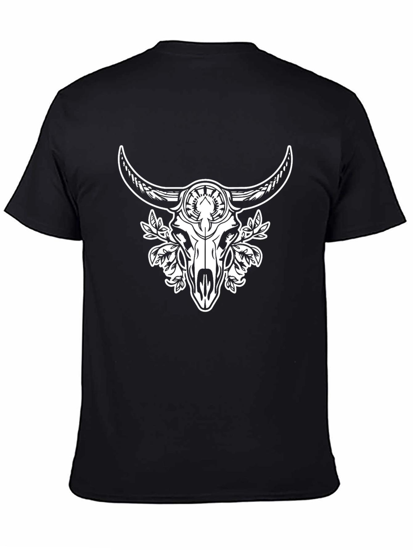Black Tee with Bull Skull and Floral Design
