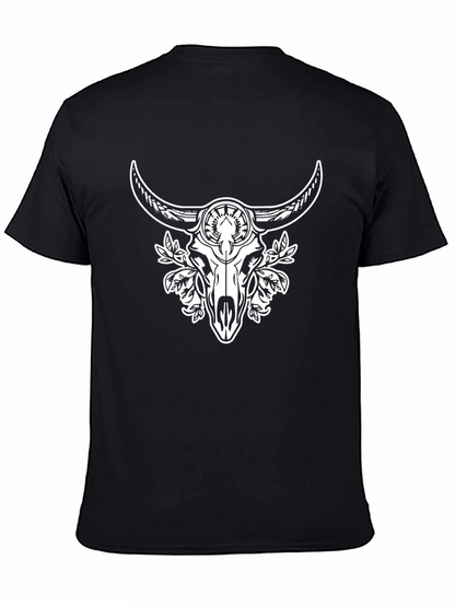 Black Tee with Bull Skull and Floral Design