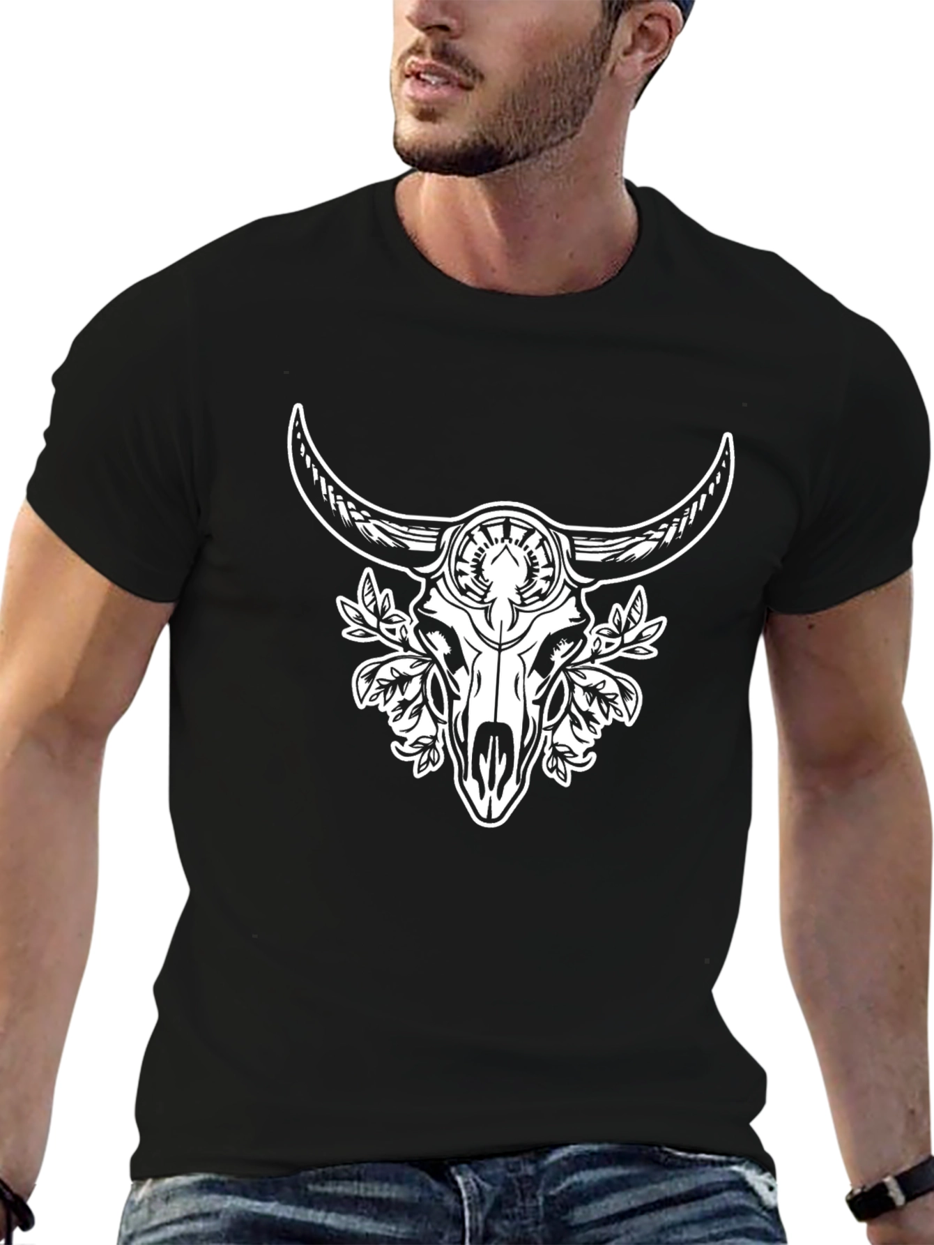 Black Tee with Bull Skull and Floral Design