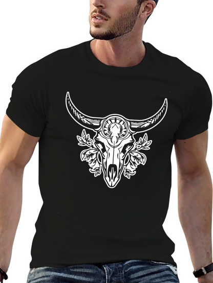 Black Tee with Bull Skull and Floral Design