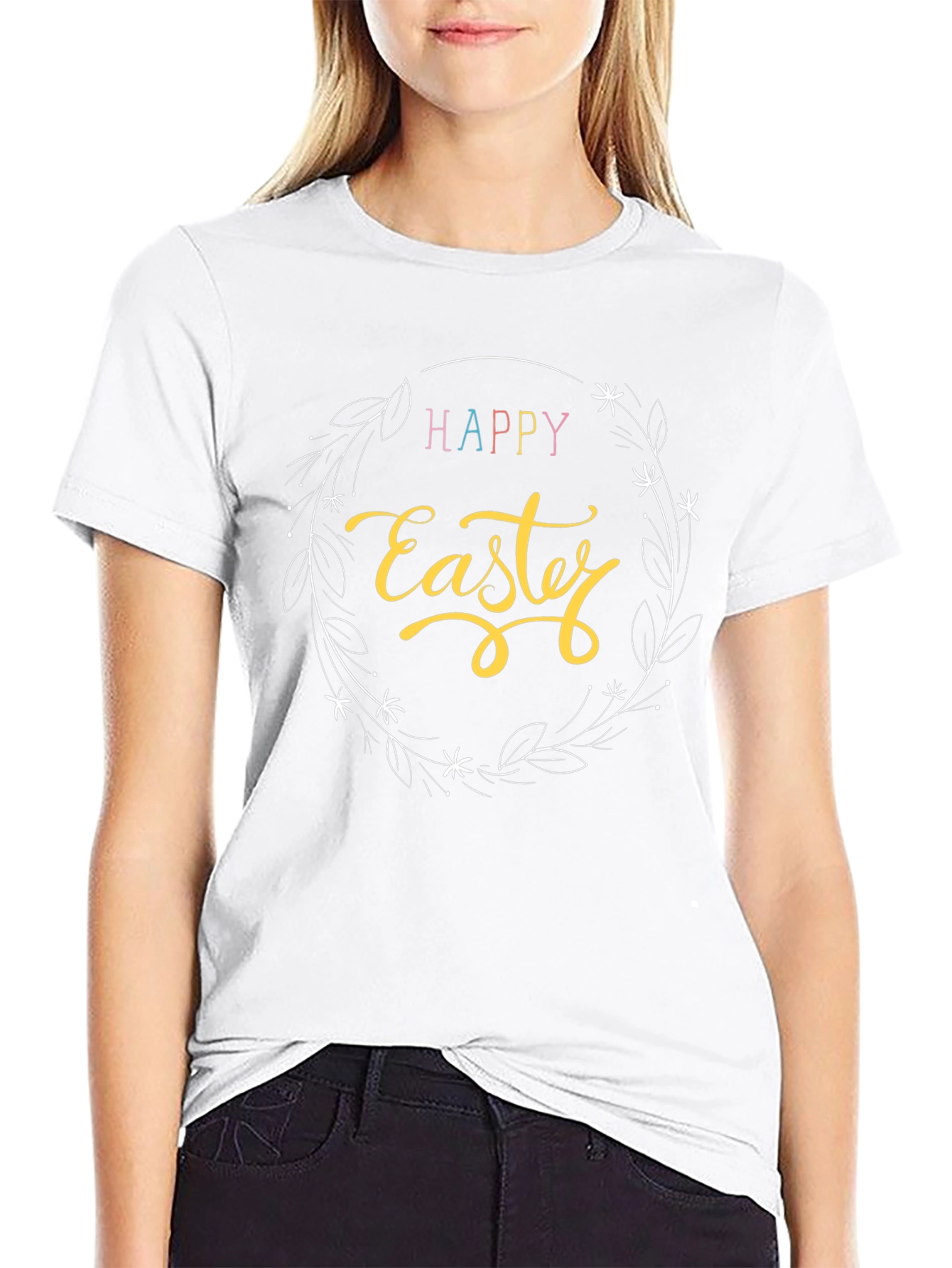 Happy Easter Graphic T-Shirt - Black Crew Neck