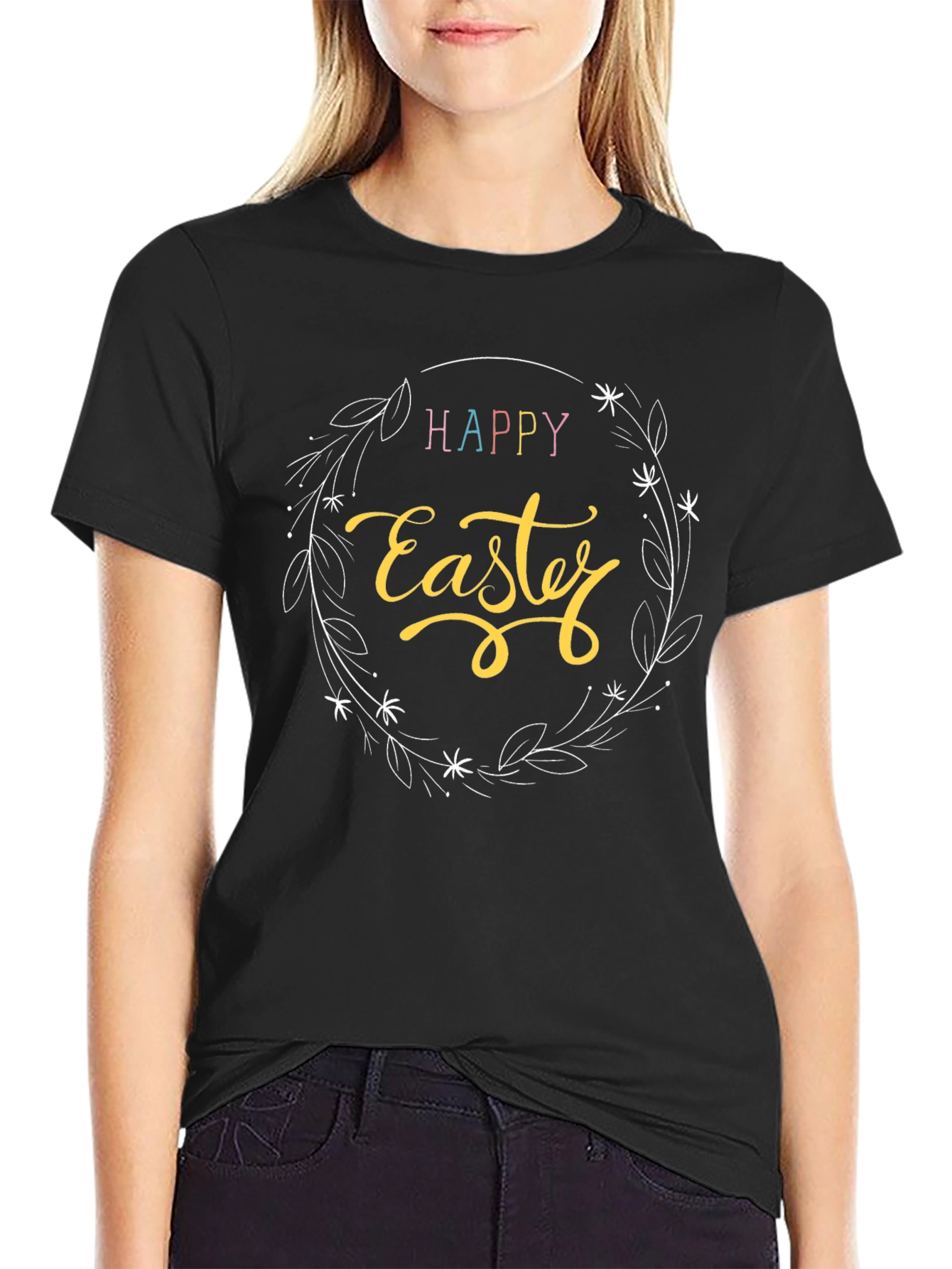 Happy Easter Graphic T-Shirt - Black Crew Neck