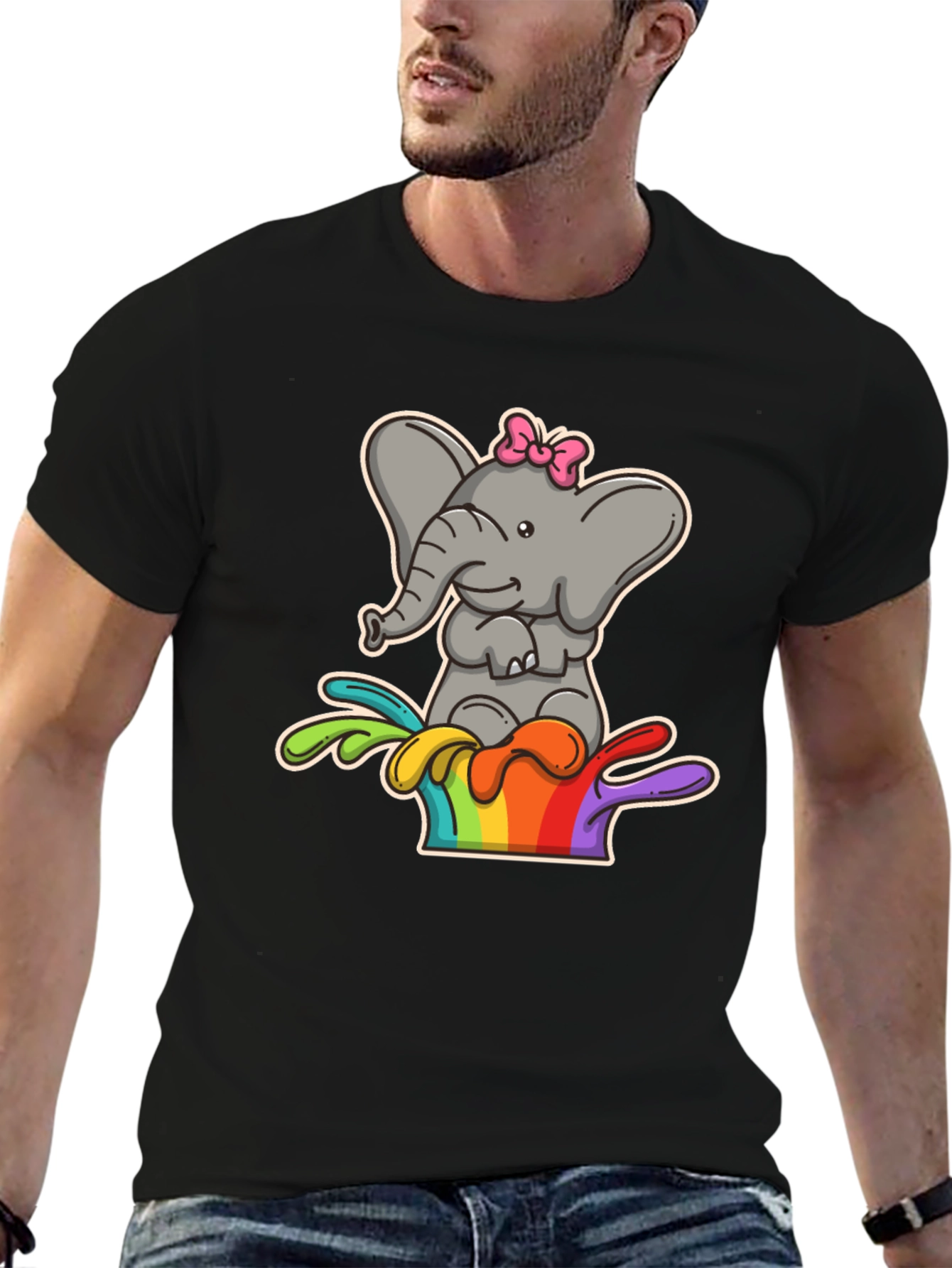 Elephant Rainbow Splash Tee - Cute Cartoon Graphic Shirt