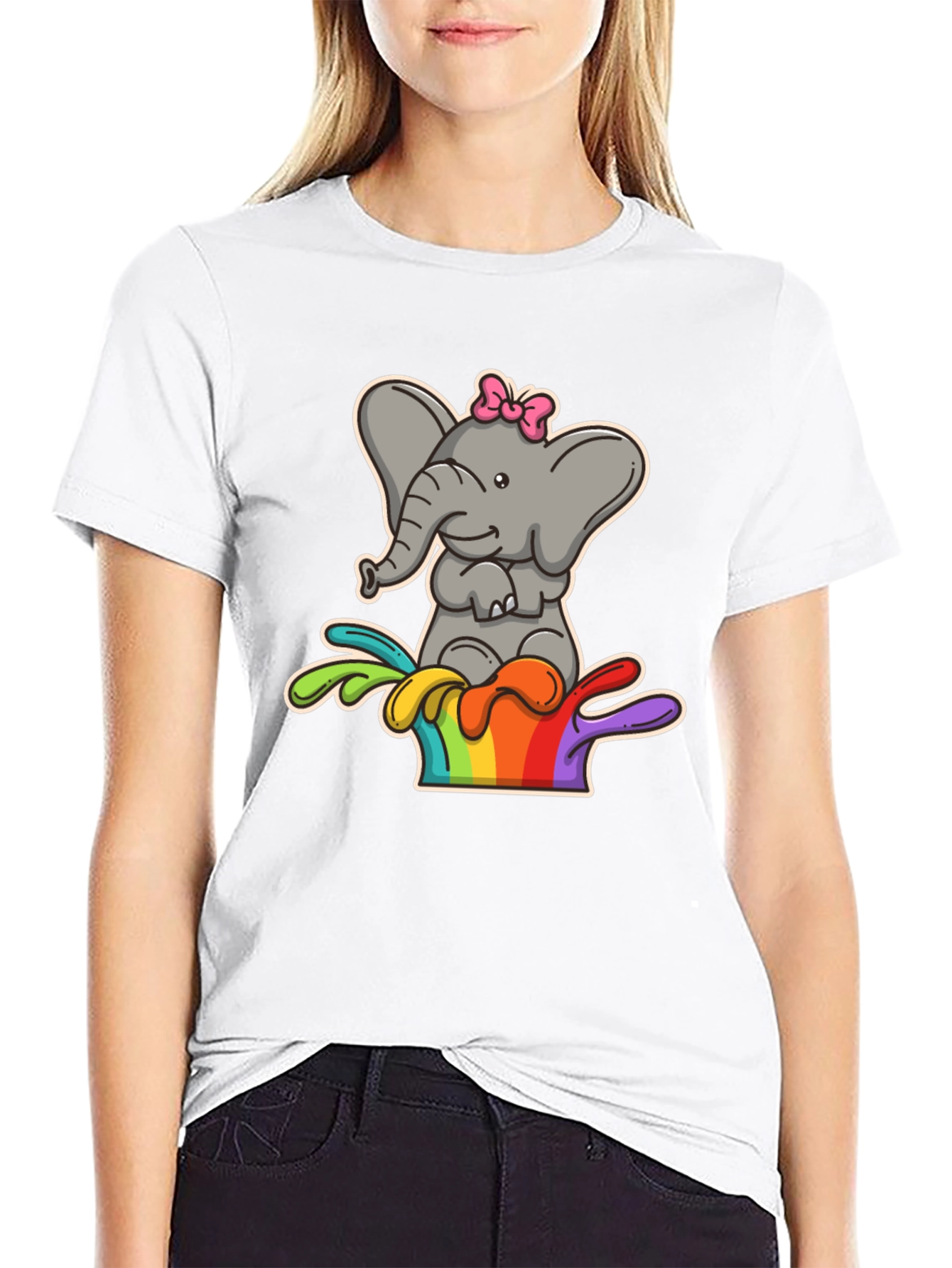 Elephant Rainbow Splash Tee - Cute Cartoon Graphic Shirt