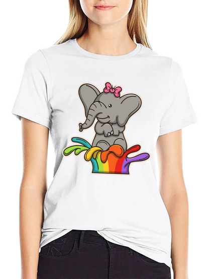 Elephant Rainbow Splash Tee - Cute Cartoon Graphic Shirt
