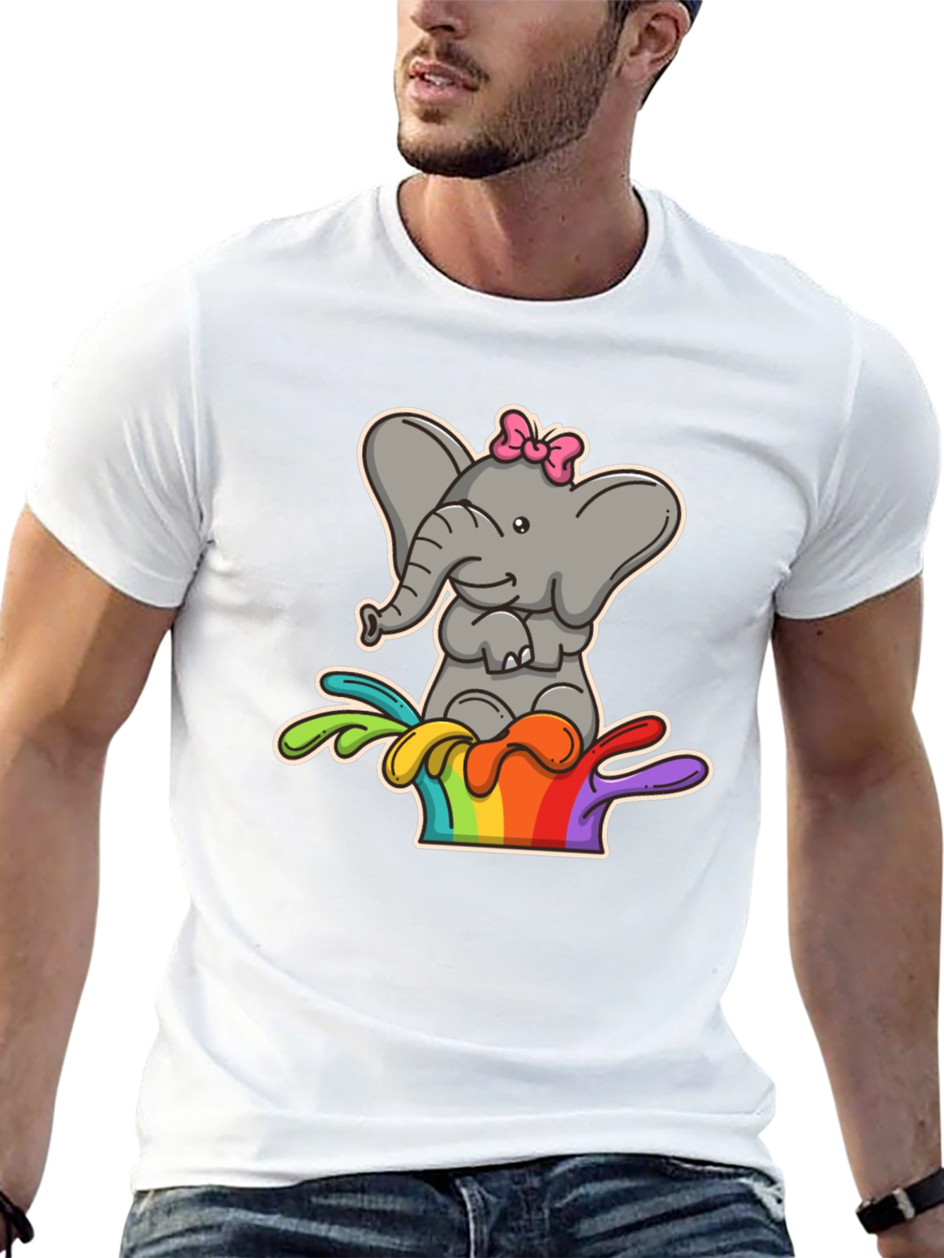 Elephant Rainbow Splash Tee - Cute Cartoon Graphic Shirt