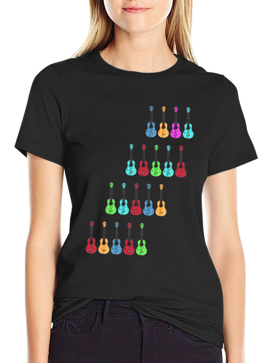 Colorful Guitar Pattern Black T-Shirt